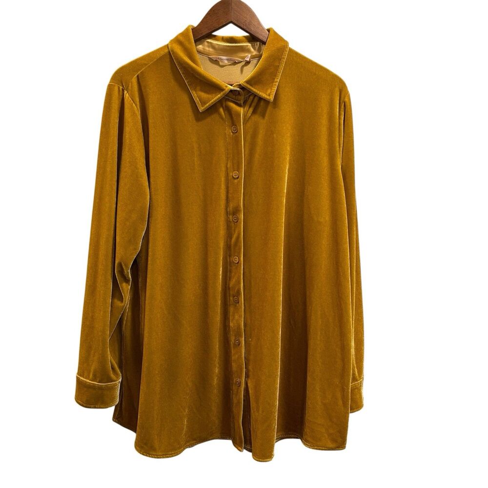 Soft Surroundings 1x Mustard Yellow Velvet Boyfriend Button Down Tunic Shirt Top